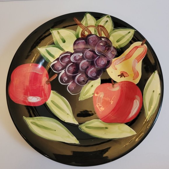 Hand-Painted Tabletops Gallery Midnight Fruit Dinner Plate 12" Black With Apple - Picture 1 of 6